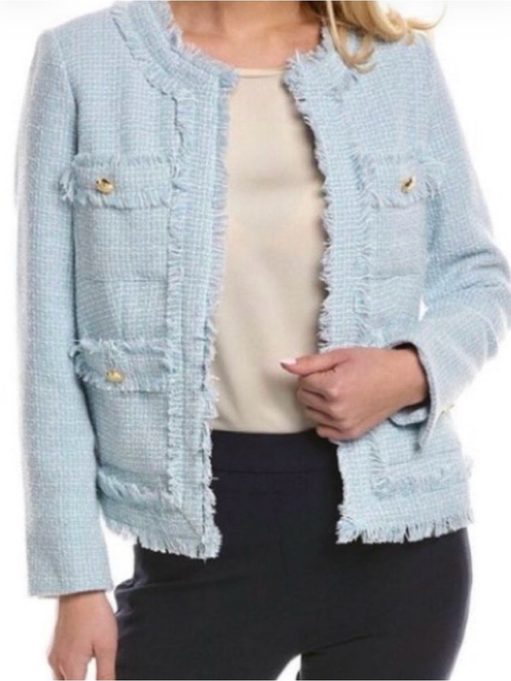 Nanette Lepore Light Blue Tweed Fringe Pearl Button Jacket NWT
